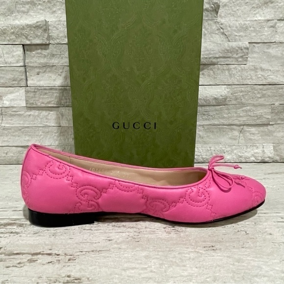 GUCCI Monogram Pink Quilted Matelasse Leather GG Bow Ballet Flats SZ 37.5 $920 - Picture 9 of 16